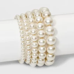 Faux Pearl Stretch Bracelet 5pc - A New Day™ White: Glass & Plastic Material, One Size Fits Most
