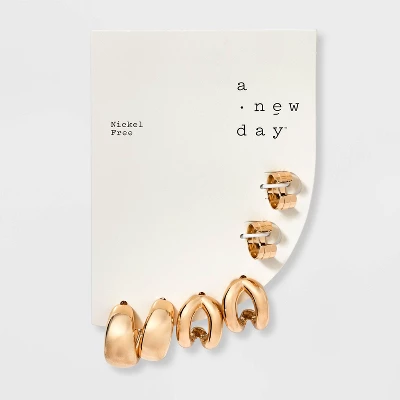 Chunky Hoop Earring Set 3pc - A New Day™ Gold: Nickel-Free Metal, Post Closure, 0.74" Length 3 Chunky Hoop Earring Set 3pc - A New Day™ Gold: Nickel-Free Metal, Post Closure, 0.74" Length