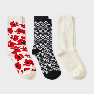 Women's Modern Floral & Geometric Print 3pk Crew Socks - A New Day™ Red/Ivory/Black 4-10 5 Women's Modern Floral & Geometric Print 3pk Crew Socks - A New Day™ Red/Ivory/Black 4-10 - Image 3