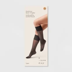 Women's Sheer Fashion Knee Highs - A New Day™ Black One Size Fits Most: Solid Pattern, Nylon-Spandex Blend, Closed Toe