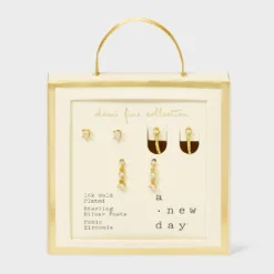 14K Gold Plated Stud And Hoop Earring Set 3pc - A New Day™ Gold: Brass, Sterling Silver, Nickel-Free