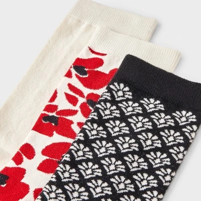 Women's Modern Floral & Geometric Print 3pk Crew Socks - A New Day™ Red/Ivory/Black 4-10 4 Women's Modern Floral & Geometric Print 3pk Crew Socks - A New Day™ Red/Ivory/Black 4-10 - Image 2