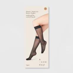 Women's Tailored "V" Sheer Fashion Knee Highs - A New Day™ Black One Size Fits Most: Zig Zag Pattern, Reinforced Toe