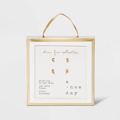 14K Gold Plated Cubic Zirconia Geometric Duo Stud Earrings - A New Day™ 4 14K Gold Plated Cubic Zirconia Geometric Duo Stud Earrings - A New Day™ - Image 2