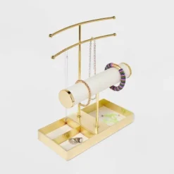 Necklace And Bracelet Standing Organizer Jewelry Box - A New Day™ Gold/Cream: Metal Storage For 18+ Years, 12.34" Height