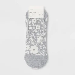 Women's Floral Print 3pk Liner Socks - A New Day™ Heather Gray/Cream 4-10: Hidden Gel Heel Grip, Knit Design