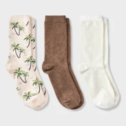 Women's Palm Tree 3pk Crew Socks - A New Day™ Pink/Brown Heather/Ivory 4-10: Cotton Blend, Tagless, Smooth Toe Seams -A NEW DAY Shop GUEST 7b5ae146 f1be 4e23 afc3 26545d989e68