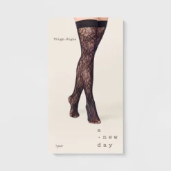Women's Floral Net Thigh Highs - A New Day™ Black