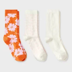 Women's Floral 3pk Crew Socks - A New Day™ Orange/Pink/Ivory 4-10: Tagless, Smooth Toe Seams -A NEW DAY Shop GUEST 8d4096ed 5661 4c20 aec4 4030644991e6