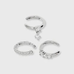 Sterling Silver Cubic Zirconia Dangle Beaded Trio Ear Cuff Set - A New Day™ Silver