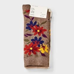 Women's Floral & Striped 3pk Crew Socks - A New Day™ Dark Brown Heather/Ivory 4-10