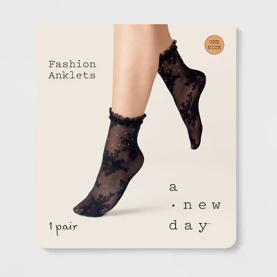 Women's Floral With Rhinestones And Lace Trim Sheer Anklet Socks - A New Day™ Black One Size 3 Women's Floral With Rhinestones And Lace Trim Sheer Anklet Socks - A New Day™ Black One Size