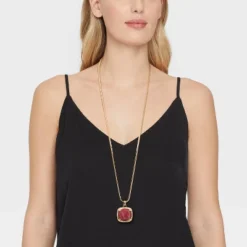 Stone Pendant Chain Necklace - A New Day™ Gold/Burgundy