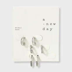 Rhodium Hoop Earring Set 3pc - A New Day™ Silver