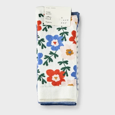 Women's Floral 3pk Crew Socks - A New Day™ Ivory/Blue/Gray 4-10: Tagless, Smooth Toe Seams 3 Women's Floral 3pk Crew Socks - A New Day™ Ivory/Blue/Gray 4-10: Tagless, Smooth Toe Seams