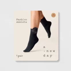 Women's Rose Applique Opaque Anklet Socks - A New Day™ Black 4-10: Nylon Spandex Knit, Banded Cuff, Floral Pattern