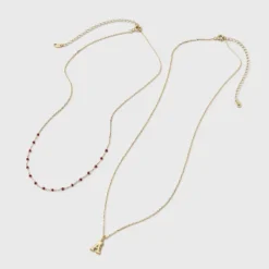 14K Gold Dipped Beaded Initial Necklace Set 2pc - A New Dayâ„¢ Gold/Marron
