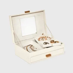 Two Drawer Organizer Jewelry Box - A New Day™ Cream: Polyurethane Storage With Divided Tray, Mirror, Rectangle Shape